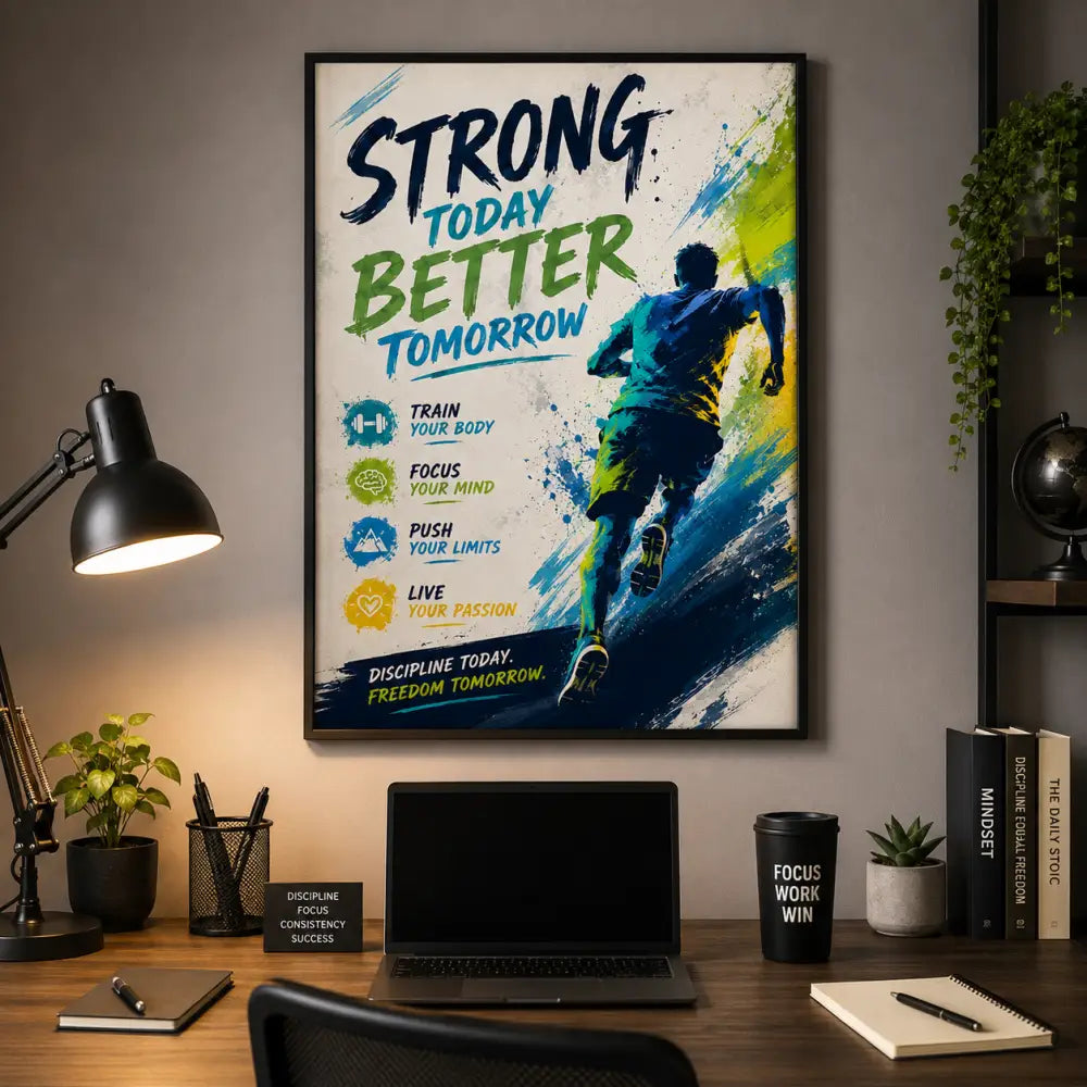 Affiche motivante encadrée ggg avec texte coloré et silhouette dynamique de coureur sur fond abstrait