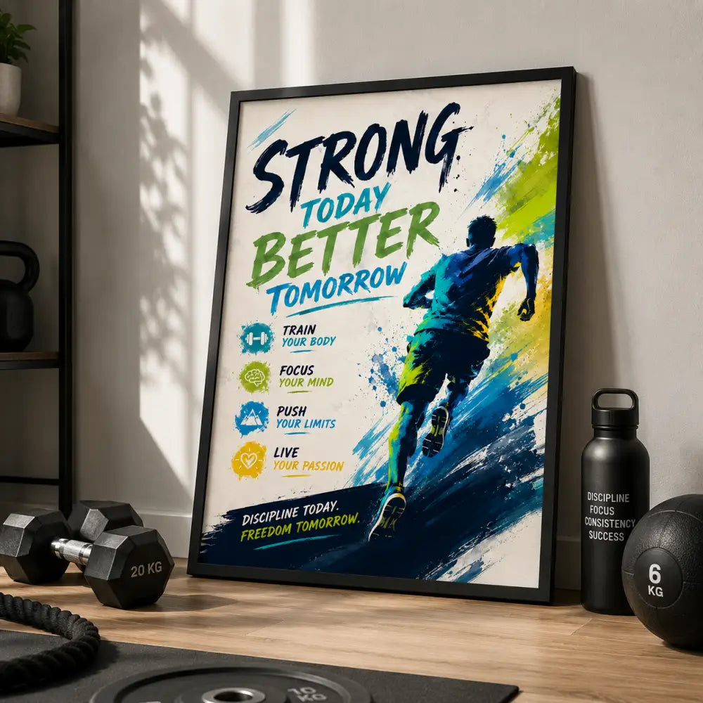 Un poster motivant encadré ggg avec texte coloré et illustration dynamique d un coureur sur fond abstrait éclaboussé