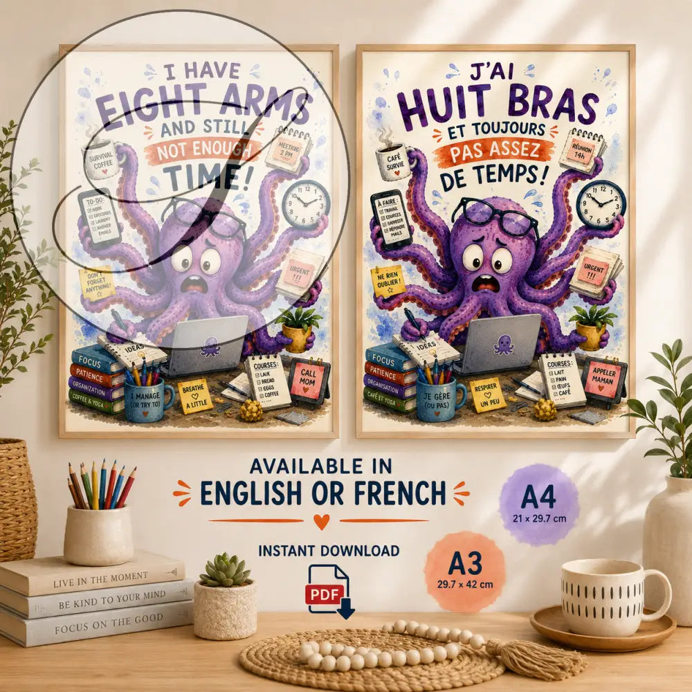 Affiche  avec pieuvre violette lunettes huit bras multitâche objets de bureau