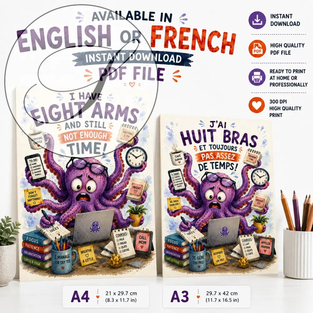 Illustration de pieuvre cartoon violette avec plusieurs bras tenant des objets 