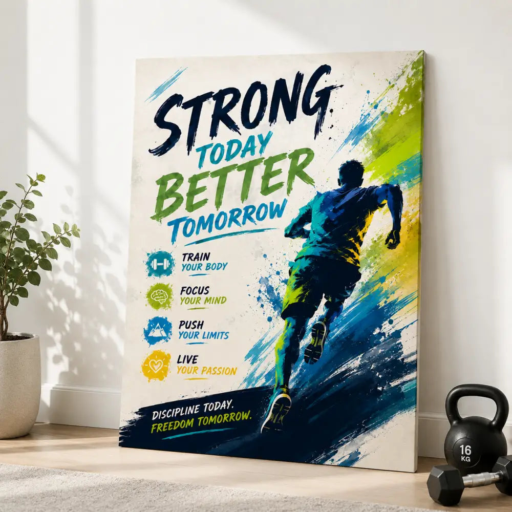 Impression sur toile vibrant ggg avec silhouette de coureur et éclaboussures de peinture bleu vert jaune motivantes
