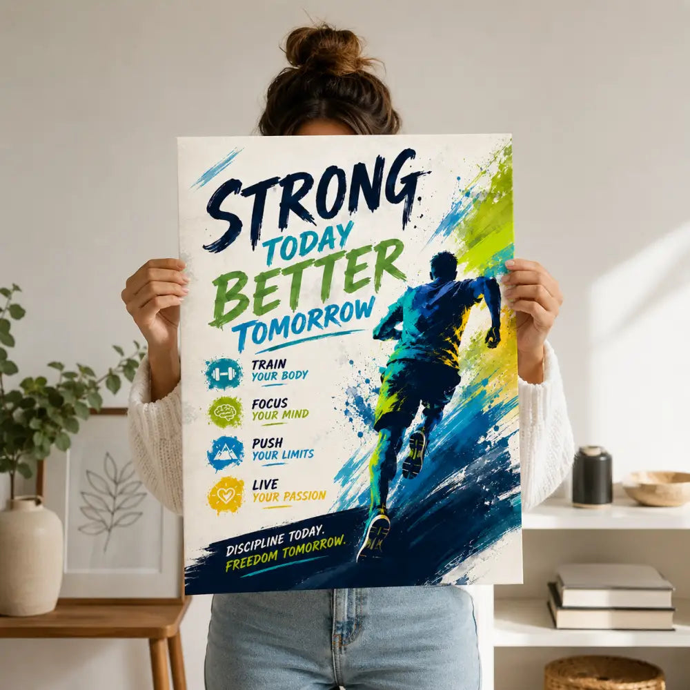 Affiche motivante ggg avec silhouette de coureur et texte fort aujourd’hui mieux demain en bleu vert jaune vif