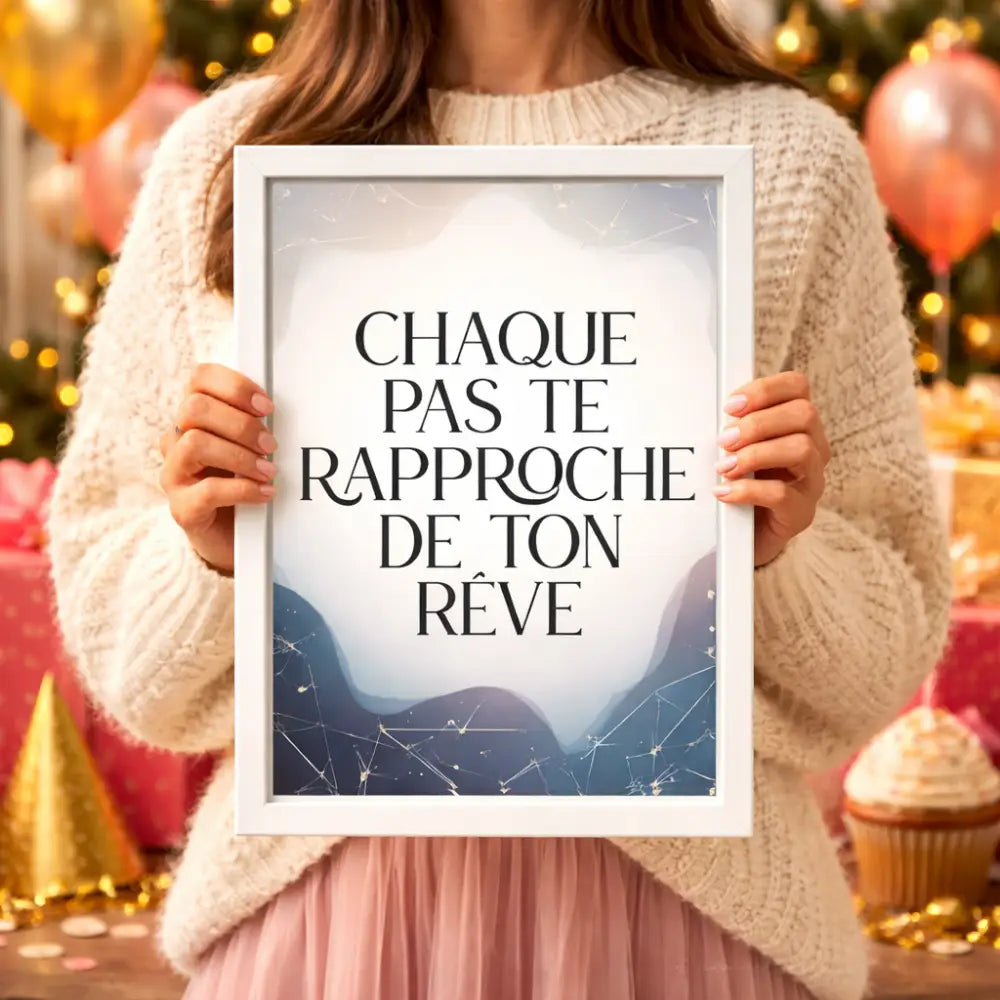 Affiche murale originale avec cadre blanc et texte français sur fond montagne bleu nuit idéale idée cadeau noël décoratif minimaliste