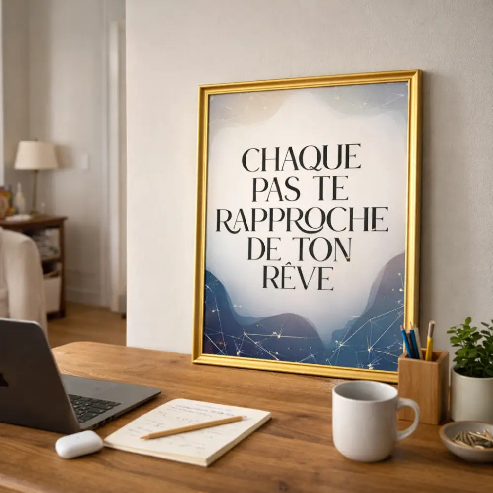 Affiche murale originale dorée avec design céleste et phrase motivationnelle en noir serif idée cadeau noël minimaliste