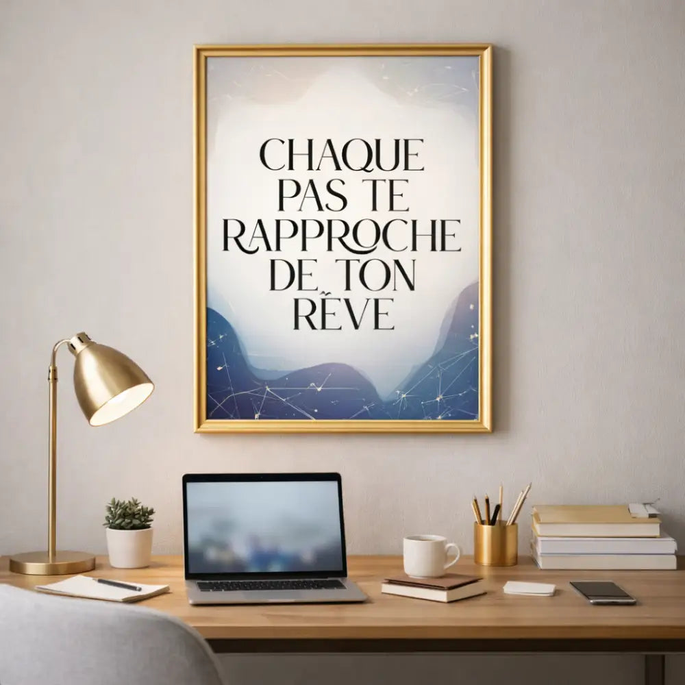 Affiche murale originale avec cadre doré texte noir chaque pas te rapproche de ton rêve fond céleste bleu blanc pour bureau