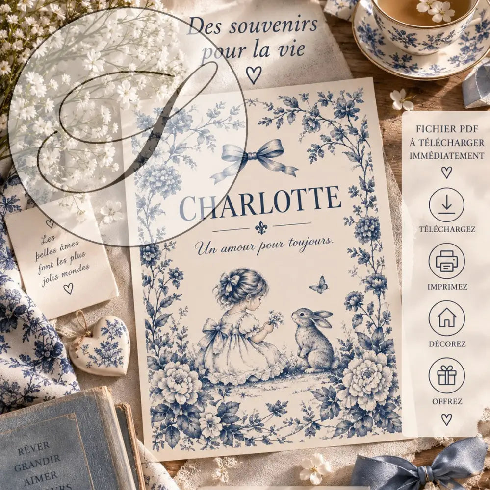 Affiche prénom bébé personnalisée bleu et blanc avec illustration vintage fille et lapin pour cadeau naissance unique