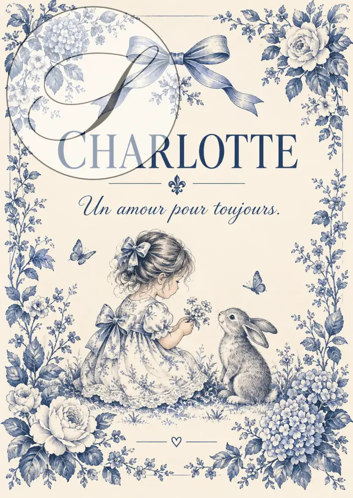 Affiche prénom bébé personnalisée avec bordure florale bleue et crème montrant une fille en robe dentelle et un lapin pour cadeau naissance unique