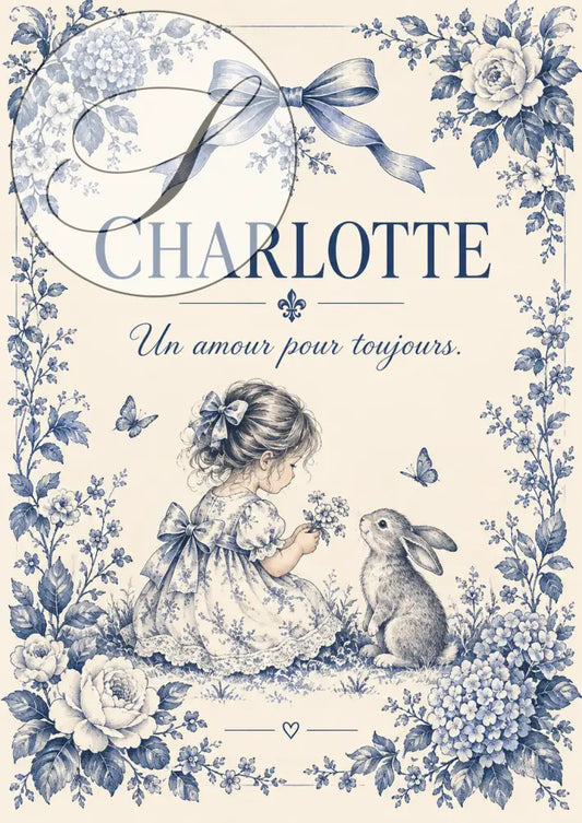 Affiche prénom bébé personnalisée avec bordure florale bleue et crème montrant une fille en robe dentelle et un lapin pour cadeau naissance unique