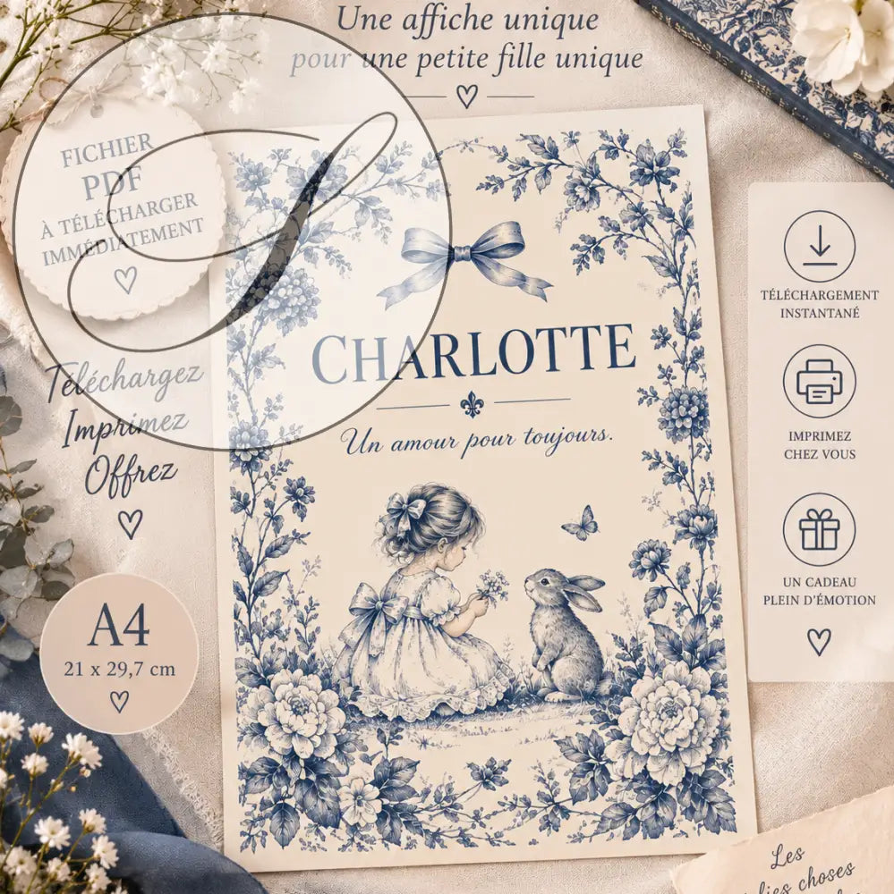 Une affiche prénom bébé délicate bleu et crème avec illustration vintage fille et lapin pour cadeau naissance unique