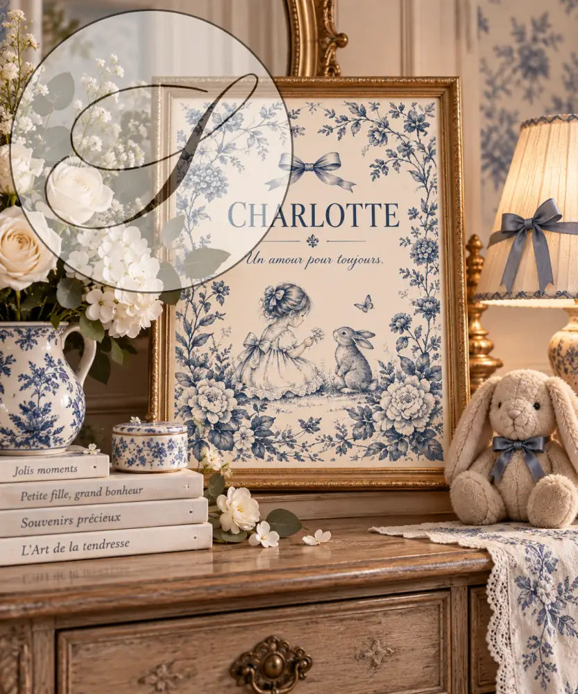 Affiche prénom bébé personnalisée bleu et blanc avec illustration fille et lapin idéale cadeau naissance unique