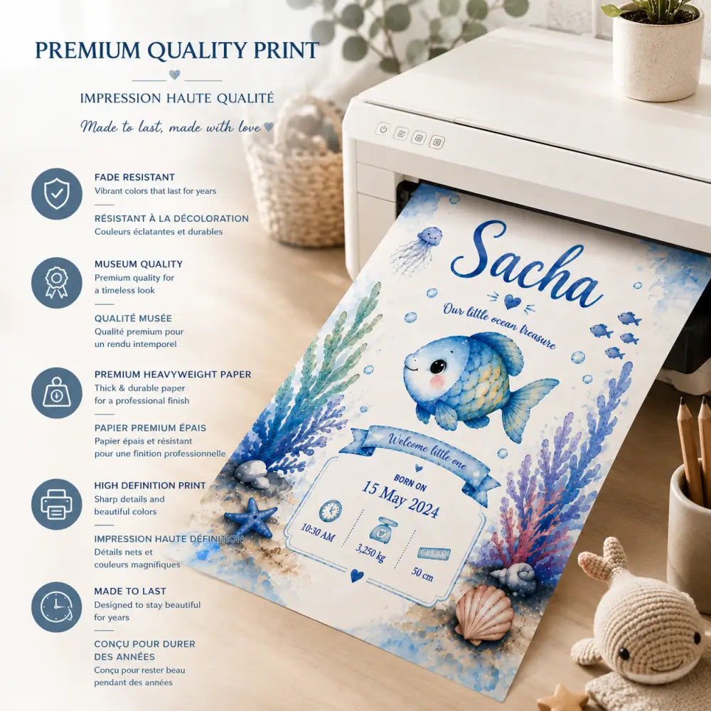 Une annonce de naissance charmante à thème poisson bleu en aquarelle imprimée sur papier cartonné premium
