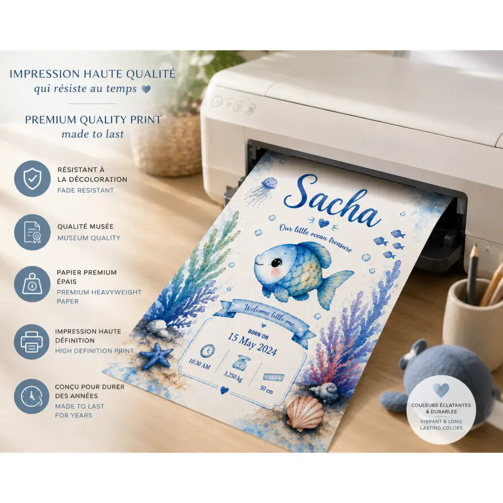 Faire-part de naissance pour bébé avec motif poisson en aquarelle bleue imprimé sur papier épais de qualité supérieure