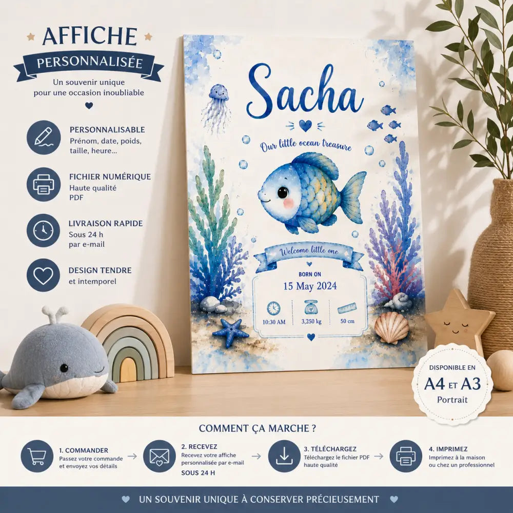 Affiche de naissance charmante style aquarelle bleu et blanc avec poisson souriant corail coquillages et méduses