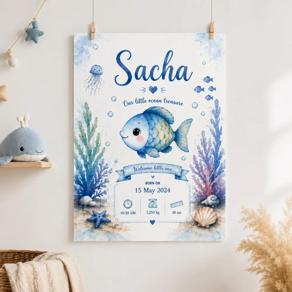 Affiche dannonce de naissance charmante bleue et blanche en aquarelle 