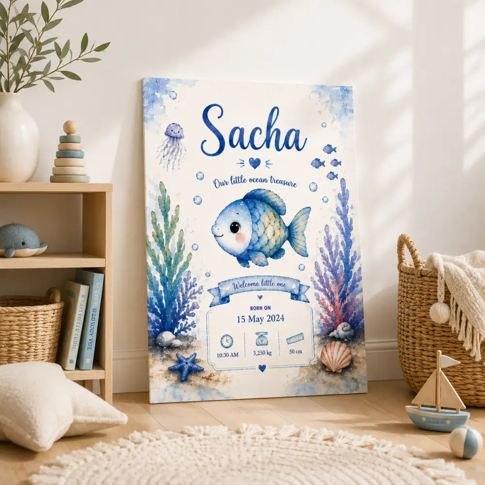 Toile aquarelle bleue avec poisson souriant corail détails océaniques nom sacha et informations naissance