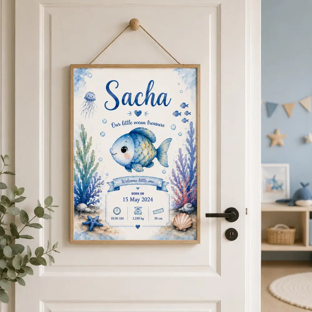 Affiche de naissance encadrée aquarelle bleue et blanche avec poisson, corail, coquillages et informations bébé