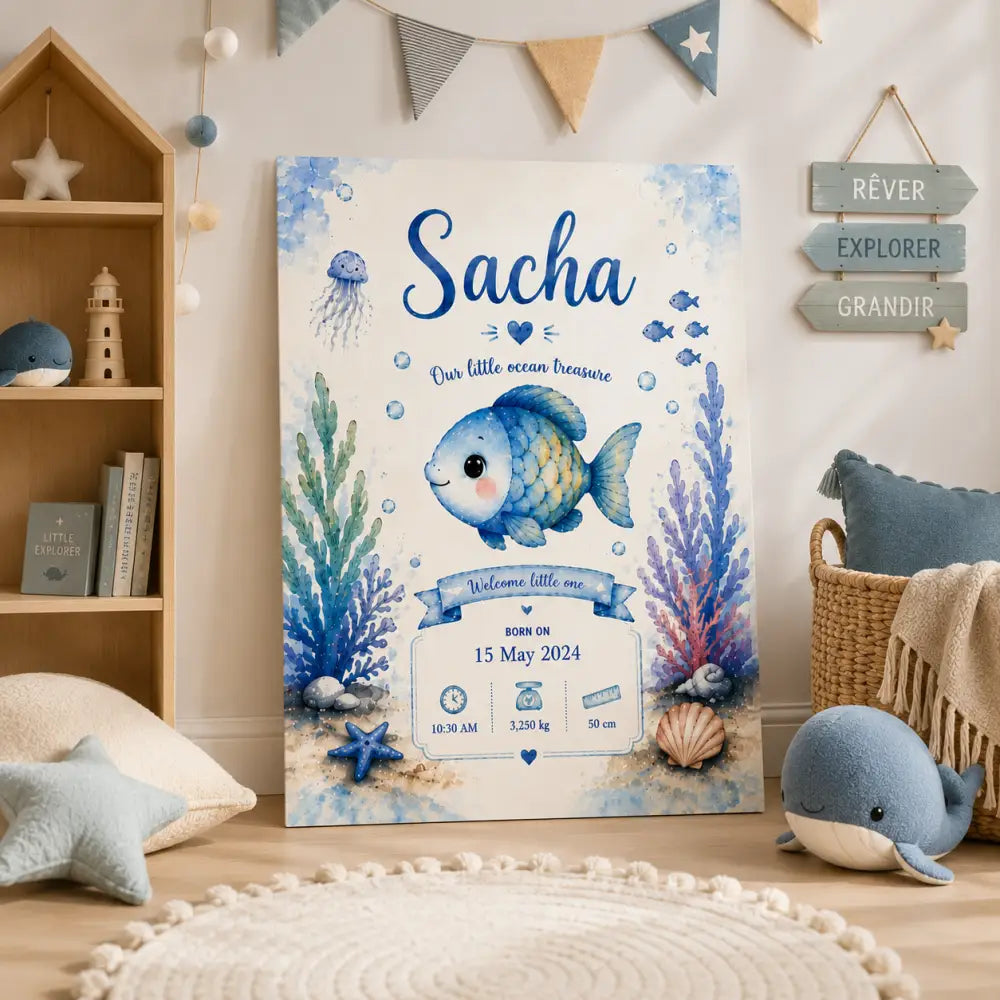 Toile charmante bleue style aquarelle avec poisson souriant corail elements oceaniques
