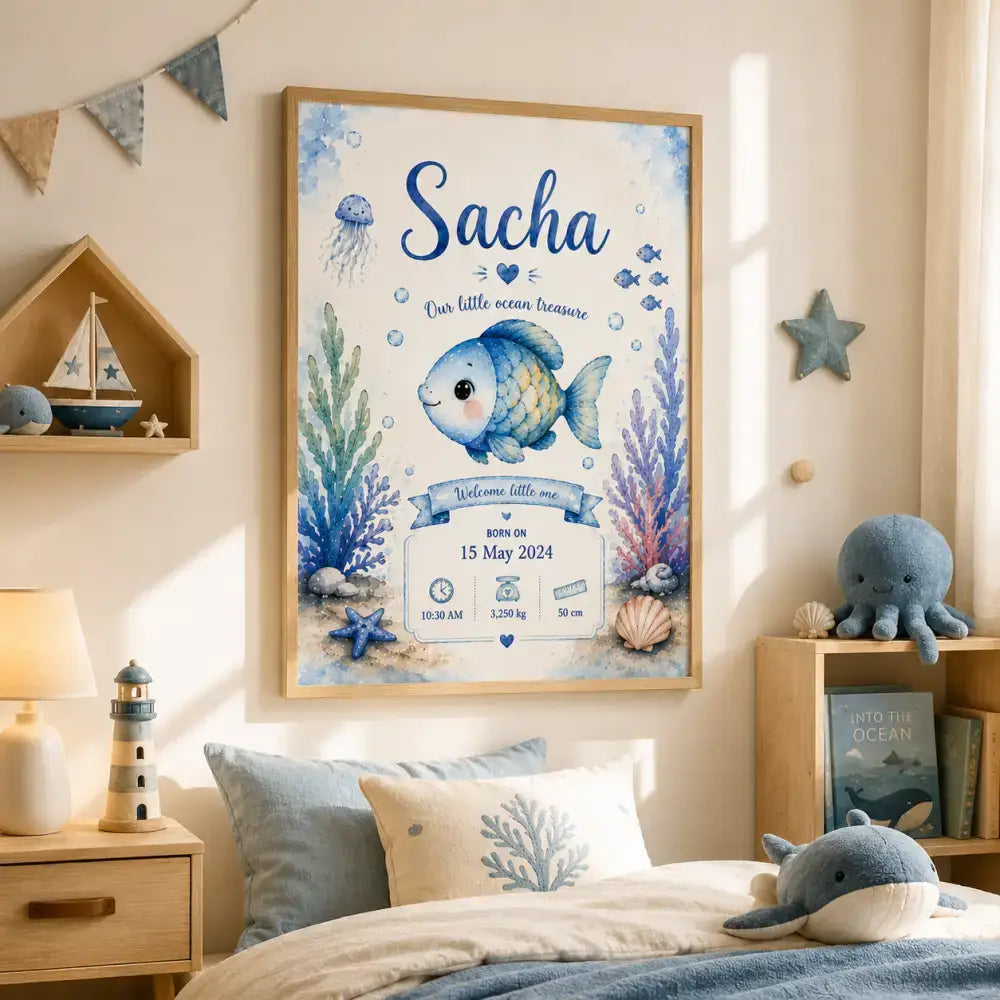 Affiche de naissance océan encadrée avec poisson bleu et vert, corail, méduse