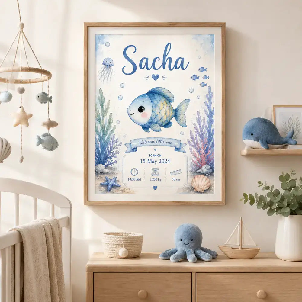Affiche de naissance encadrée en aquarelle avec poisson bleu et jaune, corail, étoiles de mer