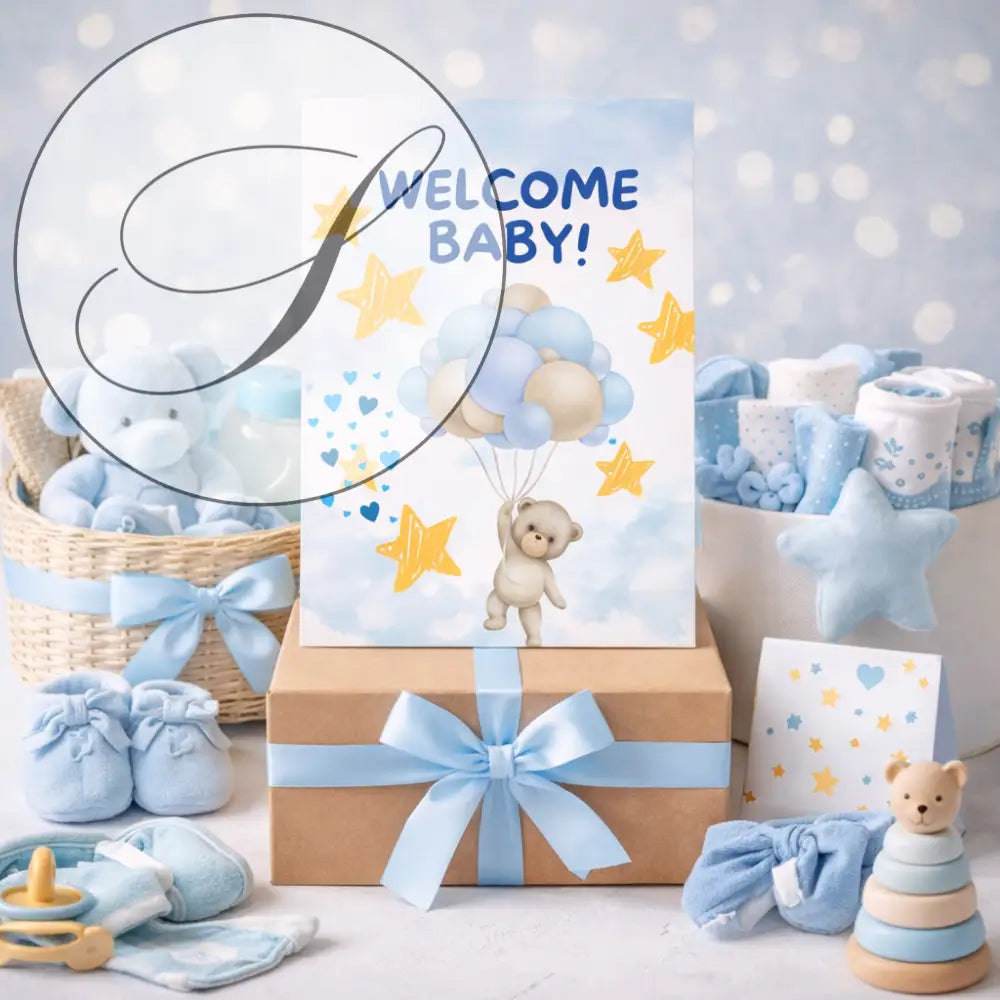 Affiche naissance bleu avec carte bienvenue bébé, ours en peluche, ballons et étoiles jaune, cadeau de naissance original
