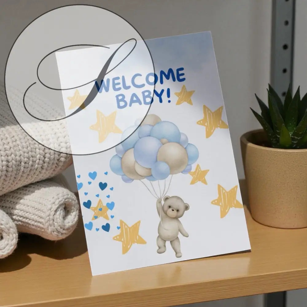 Affiche naissance bébé bienvenue avec carte de vœux blanche ourson ballon jaune bleu cadeaux de naissance original