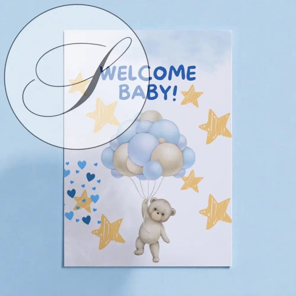 Affiche naissance bébé blanche avec ourson beige tenant ballons bleus et écriture bienvenue idéale cadeaux de naissance
