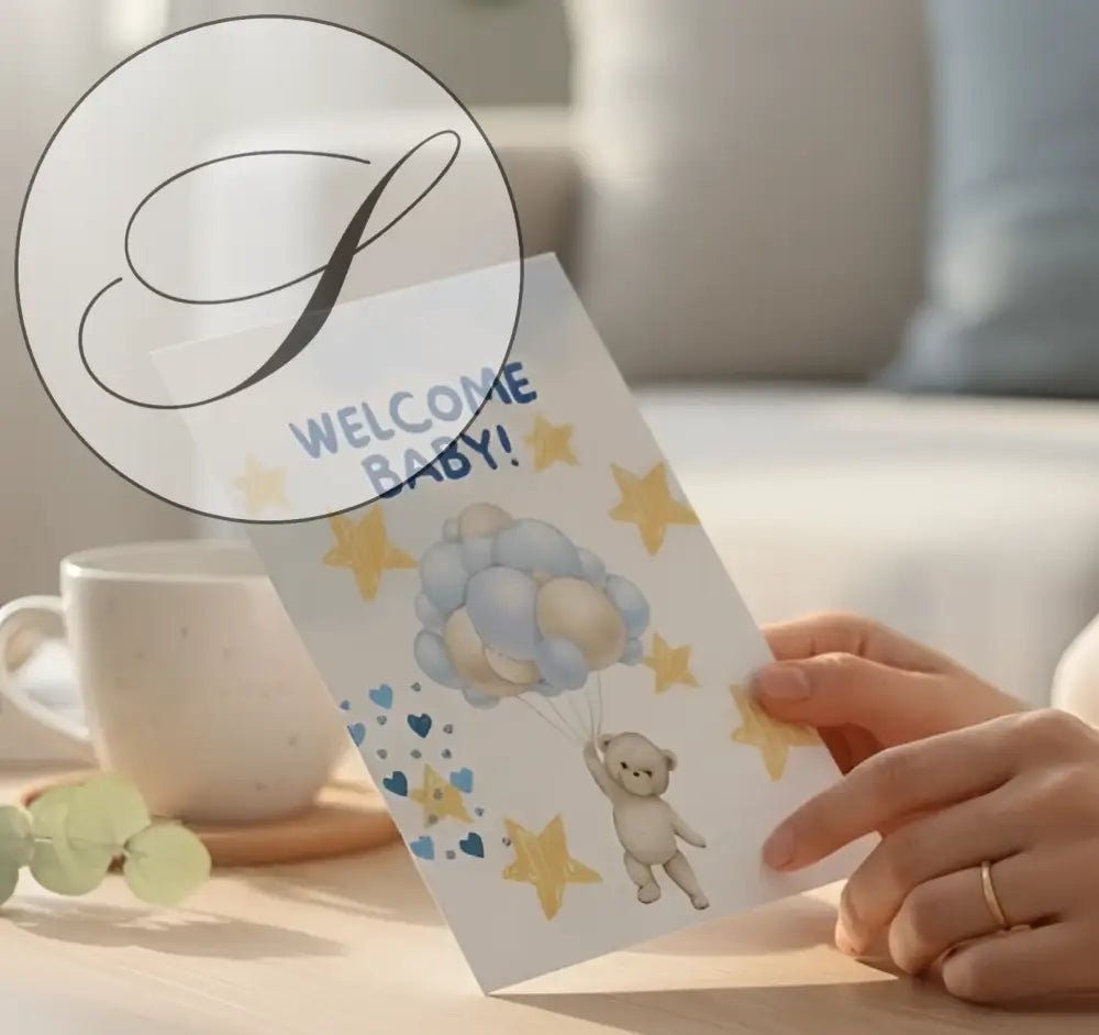 Affiche naissance bébé bienvenue avec carte blanche charmante et ourson tenant ballons pastel pour cadeaux de naissance