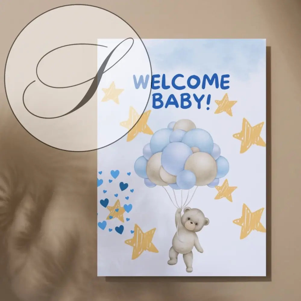 Affiche naissance avec illustration dours beige tenant des ballons bleus et crème idéale comme cadeaux de naissance