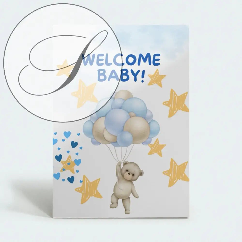 Affiche naissance bébé avec ourson beige tenant des ballons bleu clair et crème pour cadeaux de naissance