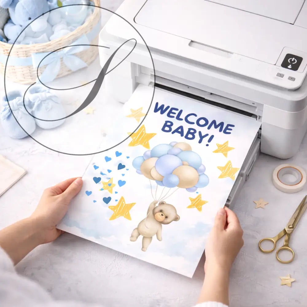 Affiche naissance bébé bienvenue avec illustration ourson beige flottant parmi ballons bleu pastel et or parfait pour cadeaux de naissance