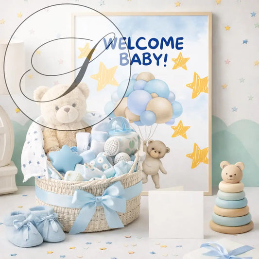 Affiche naissance avec panier en osier bleu contenant des cadeaux de naissance pour bébé à imprimer bienvenue