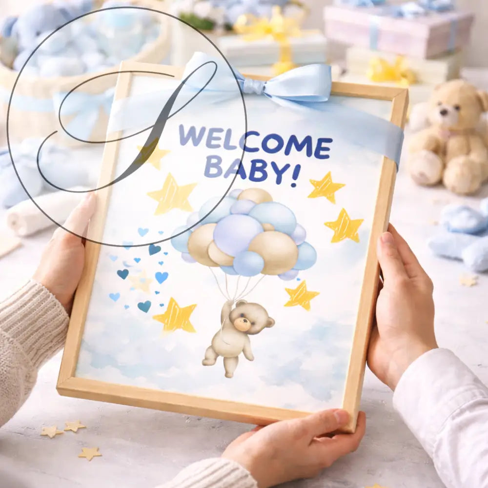 Affiche naissance cadre en bois clair avec illustration dours sur ballons bleus et beiges idéale pour cadeaux de naissance