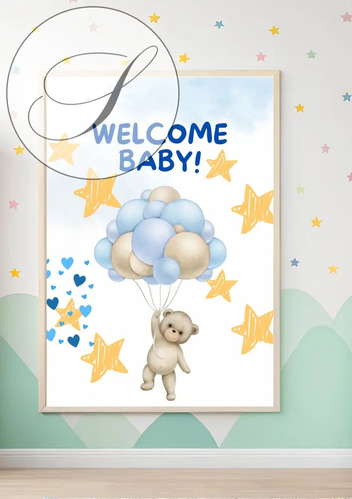 Affiche naissance bébé bienvenue avec nounours beige et ballons bleus pour cadeaux de naissance originaux