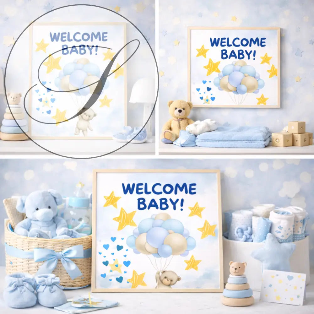 Affiche naissance bienvenue avec ours en peluche et ballons bleu et beige cadre en bois clair idéale cadeaux de naissance