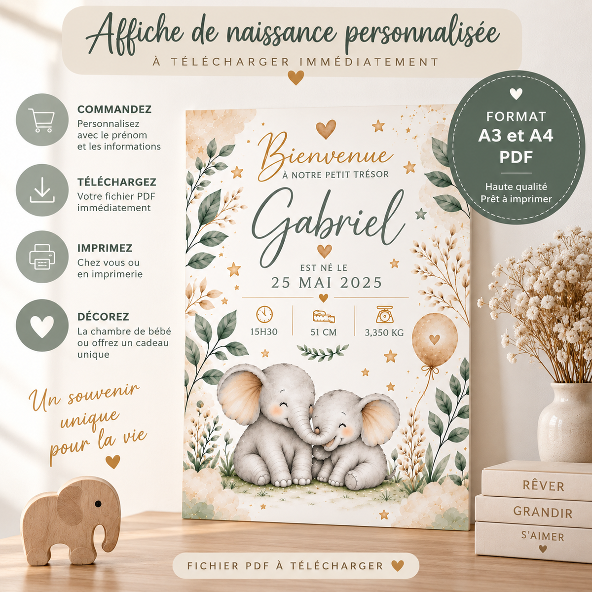 Affiche naissance personnalisée avec prénom présentant deux éléphants gris et illustrations botaniques délicates avec accents dorés