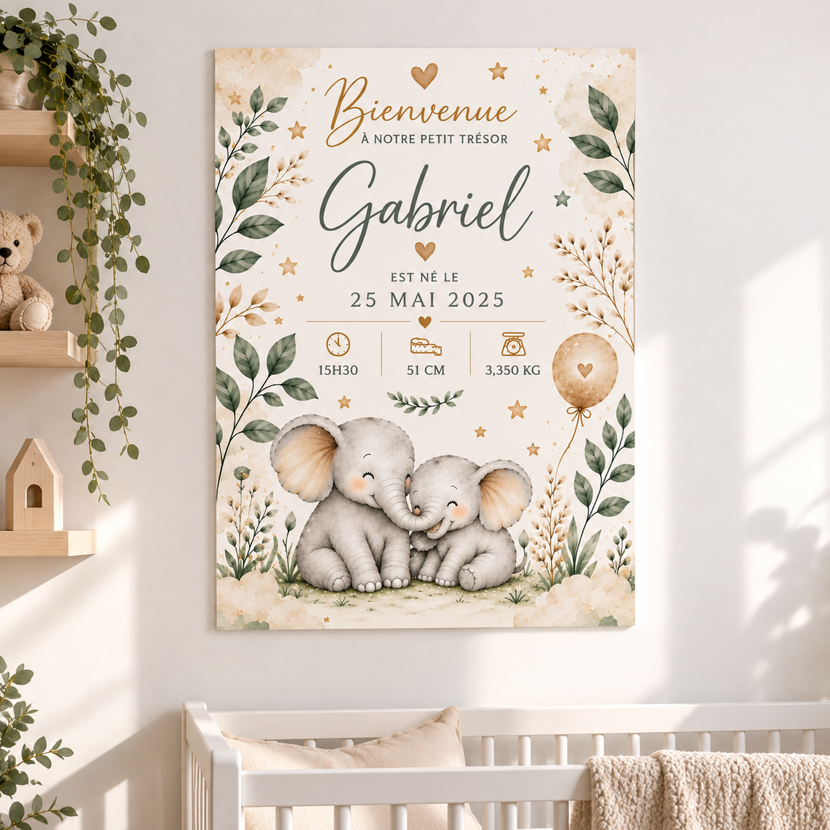 Affiche naissance personnalisée avec deux éléphants beige et vert et texte doré pour un bébé à télécharger en pdf