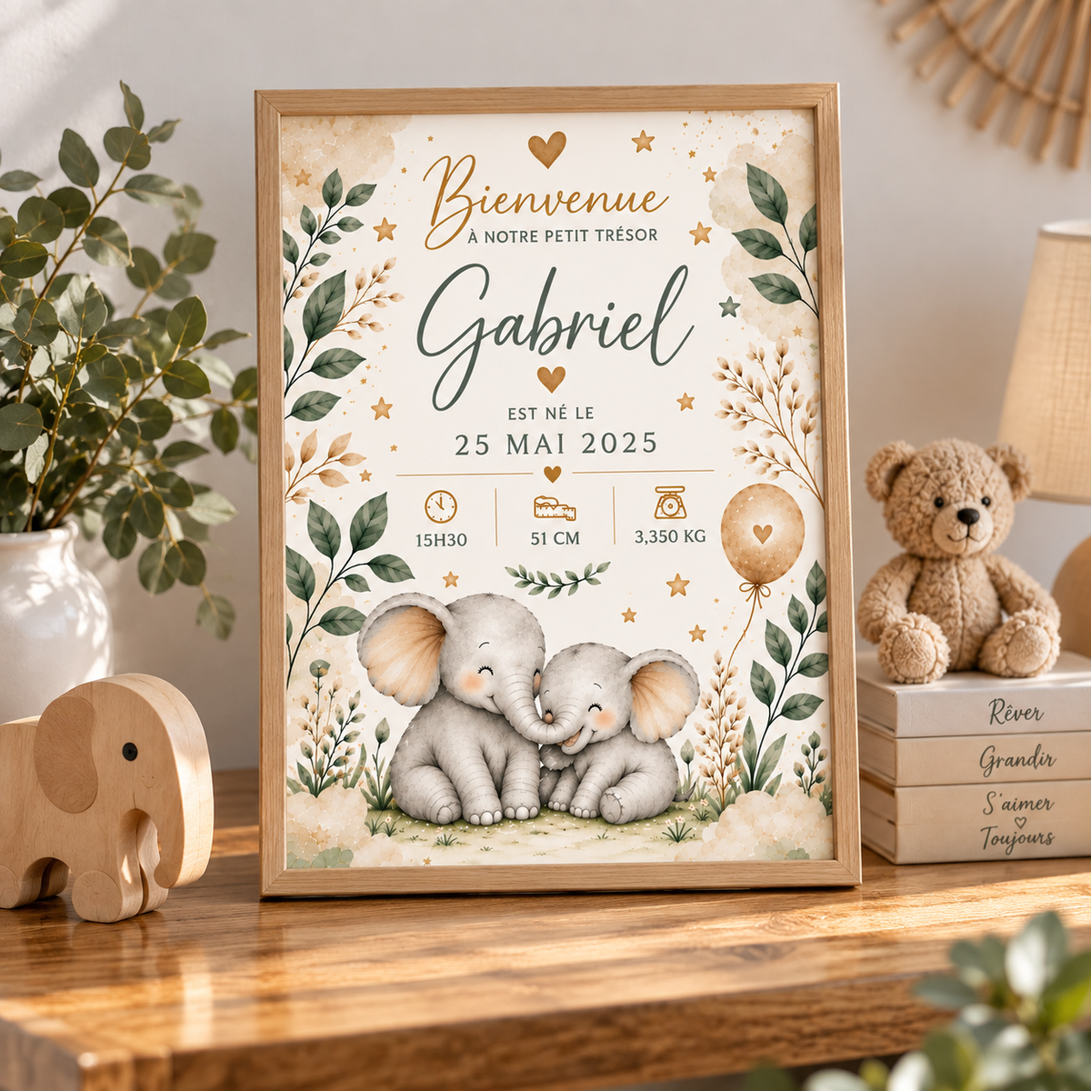 Affiche naissance personnalisée avec prénom featuring two gray elephants green leaves gold stars in elegant script