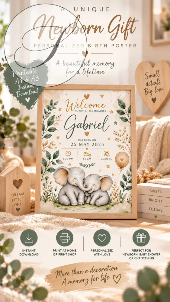 Affiche naissance personnalisée avec deux éléphants gris parmi la verdure et les étoiles avec prénom encadrée bois clair
