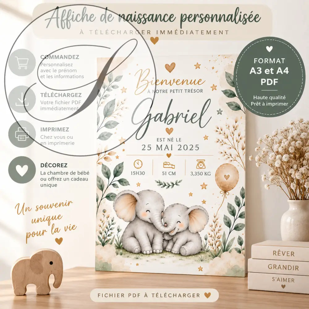 Affiche naissance personnalisée avec prénom présentant deux éléphants gris et illustrations botaniques délicates avec accents dorés