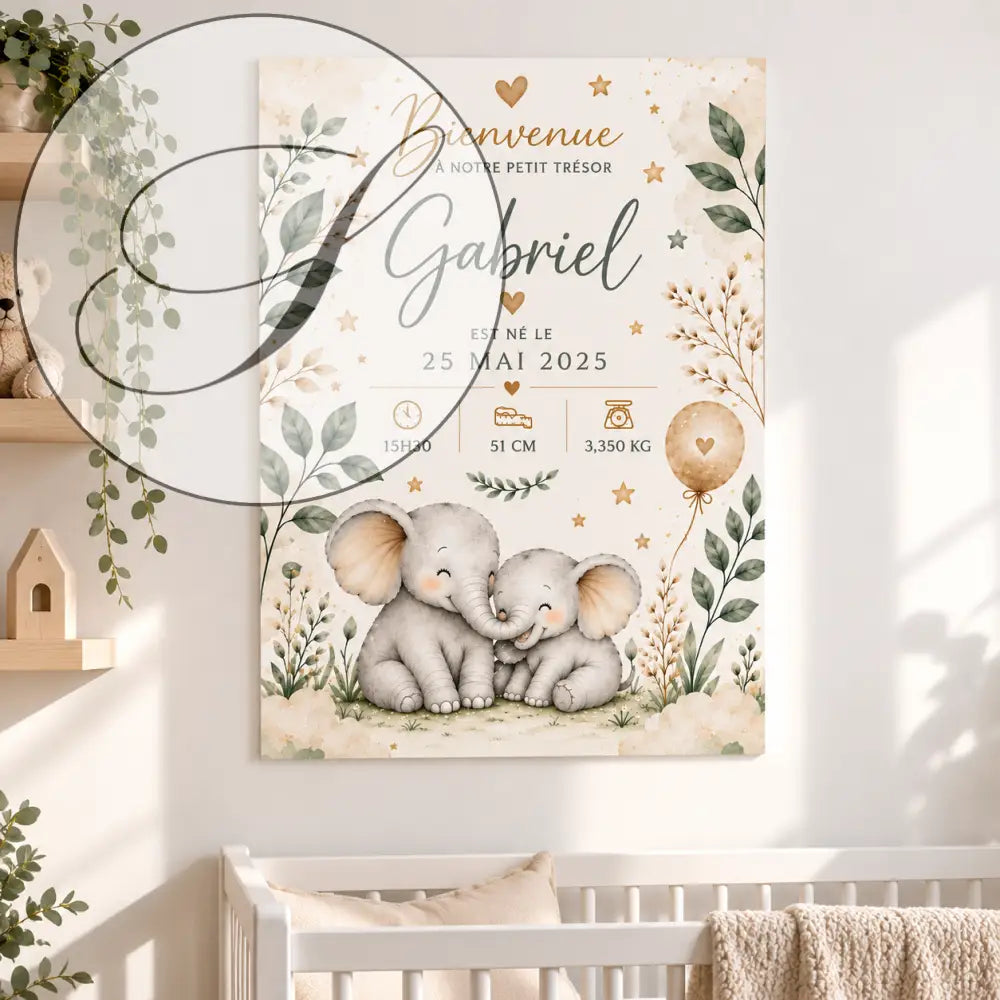 Affiche naissance personnalisée avec deux éléphants beige et vert et texte doré pour un bébé à télécharger en pdf