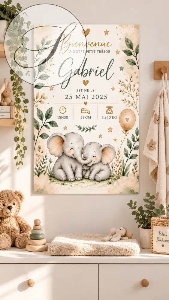 Affiche naissance personnalisée beige et verte avec deux éléphants bébé câlins et lettres dorées prénom gabriel