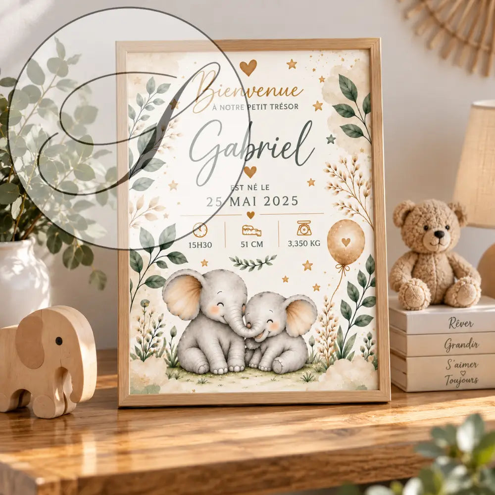 Affiche naissance personnalisée avec prénom featuring two gray elephants green leaves gold stars in elegant script