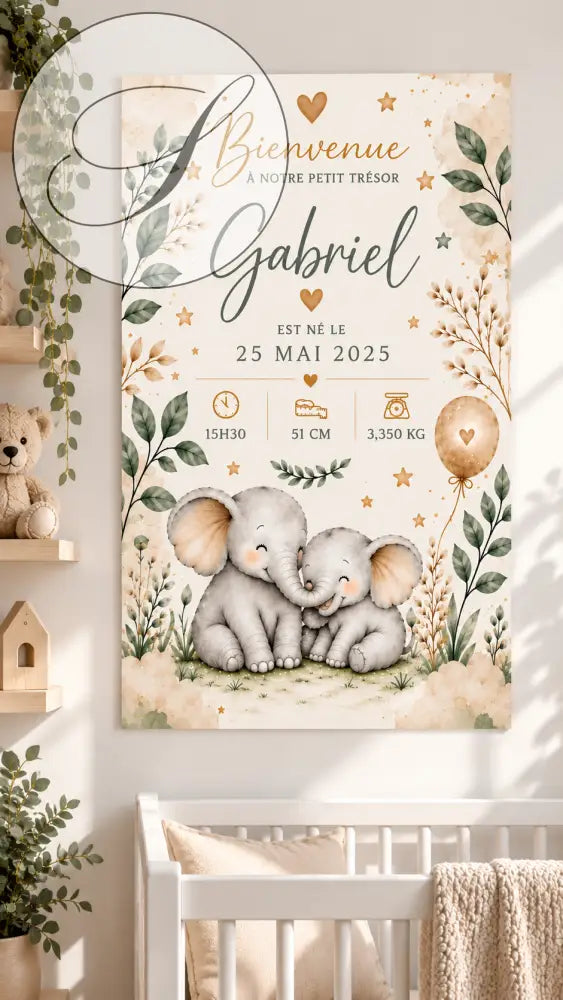Affiche naissance personnalisée beige et dorée avec deux éléphants bébé illustration et bordures feuillages délicats