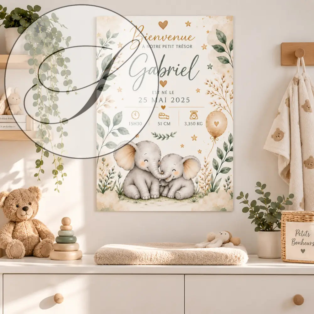 Affiche naissance personnalisée avec deux éléphants beige et gris et bordure feuillagée pour bébé gabriel