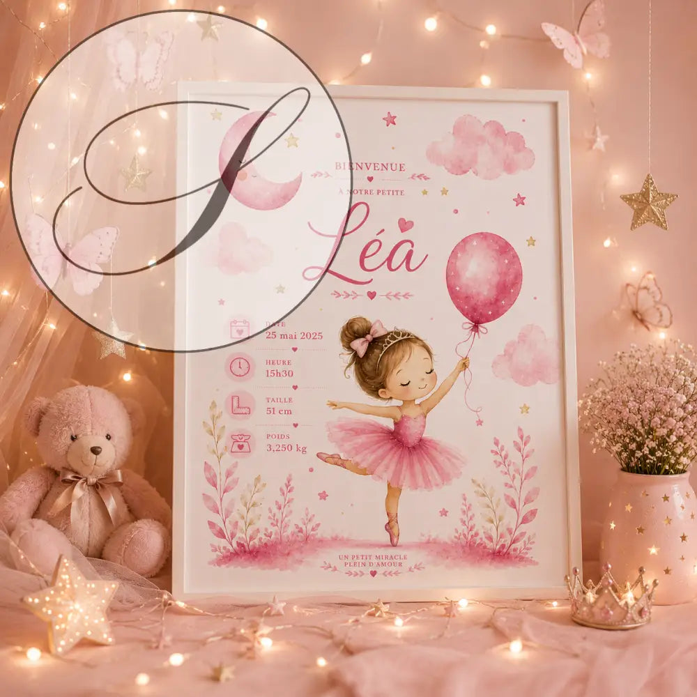 Un faire-part de naissance encadré en aquarelle rose avec une ballerine tenant un ballon et des motifs célestes et floraux