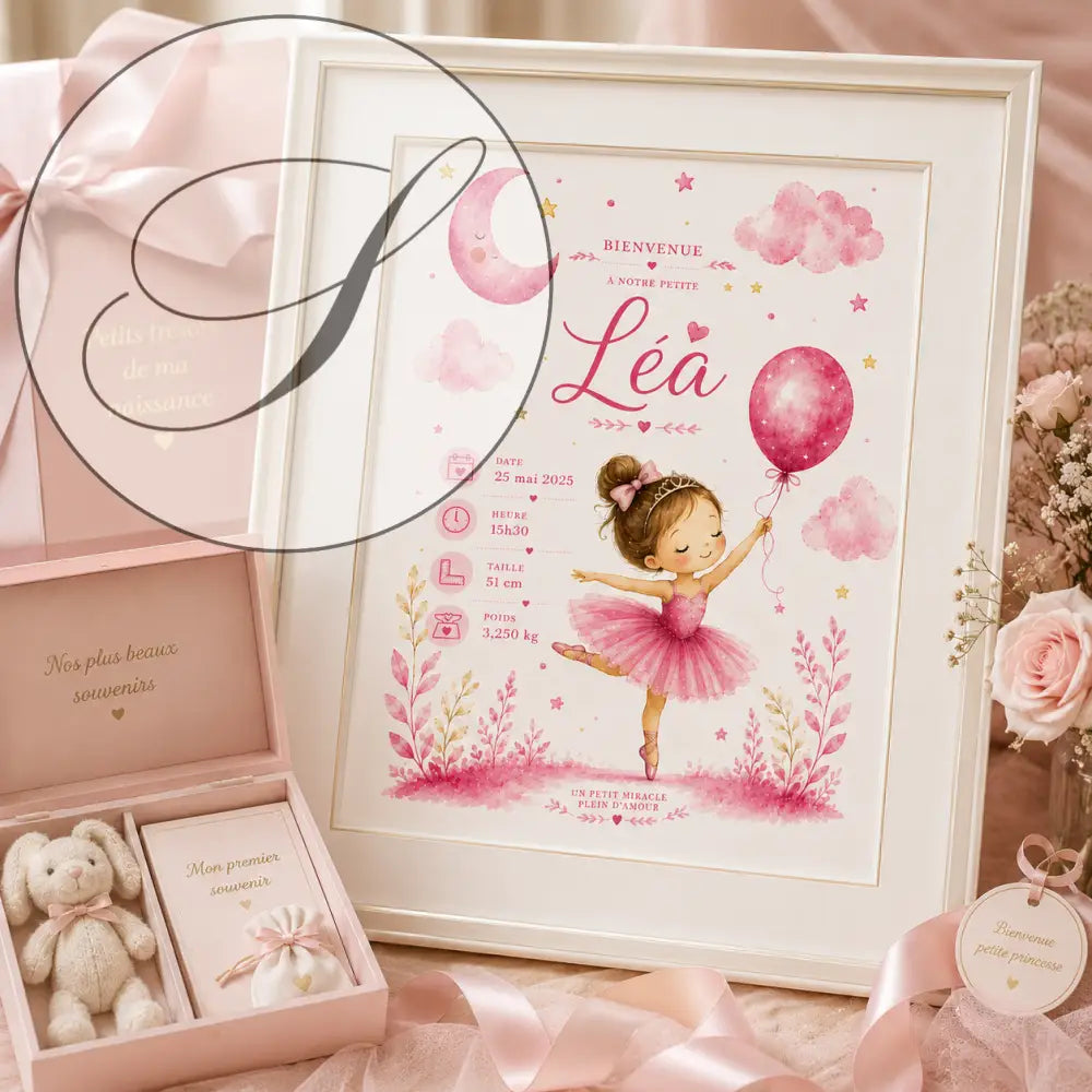 Un cadre rose avec une affiche aquarelle de naissance présentant une ballerine, des nuages et des étoiles
