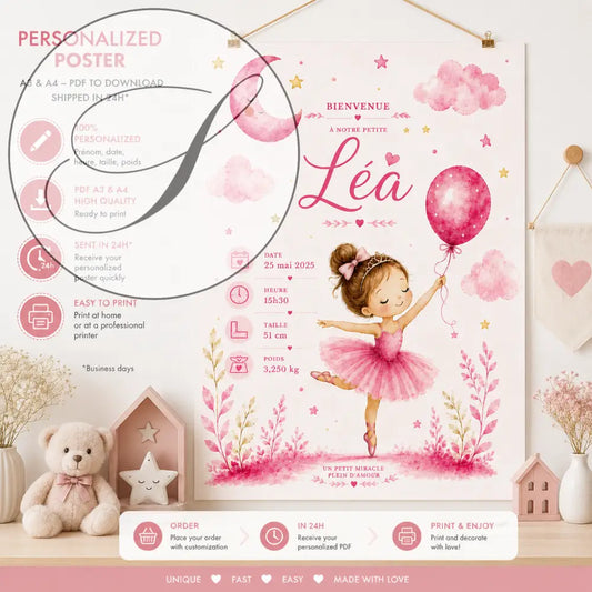Poster de danseuse de ballet en aquarelle rose fille en tutu rose tenant un ballon avec lune et nuages pour produit f