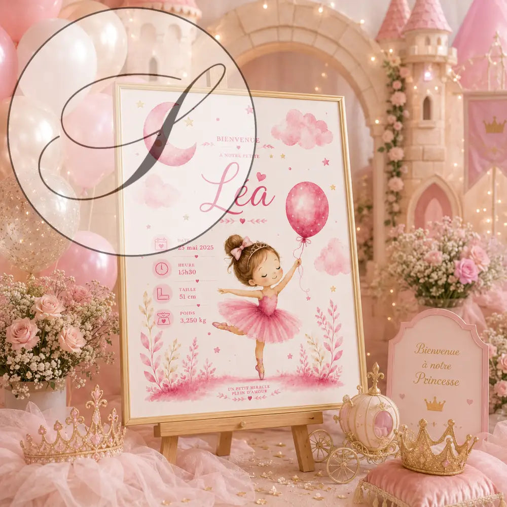 Illustration aquarelle rose dune ballerine tenant un ballon encadrée dorée sur chevalet produit f