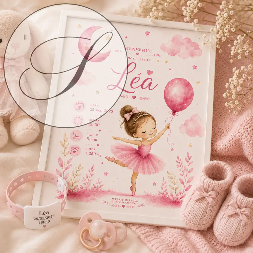 Faire-part de naissance pour bébé cadre rose avec illustration de ballerine nuages aquarelle étoiles et ballons