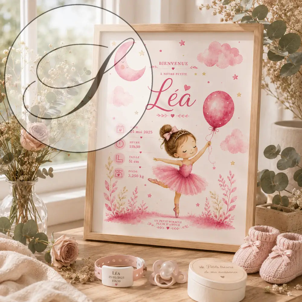 Cadre rose aquarelle thème ballet annonce naissance personnalisée pour léa modèle f